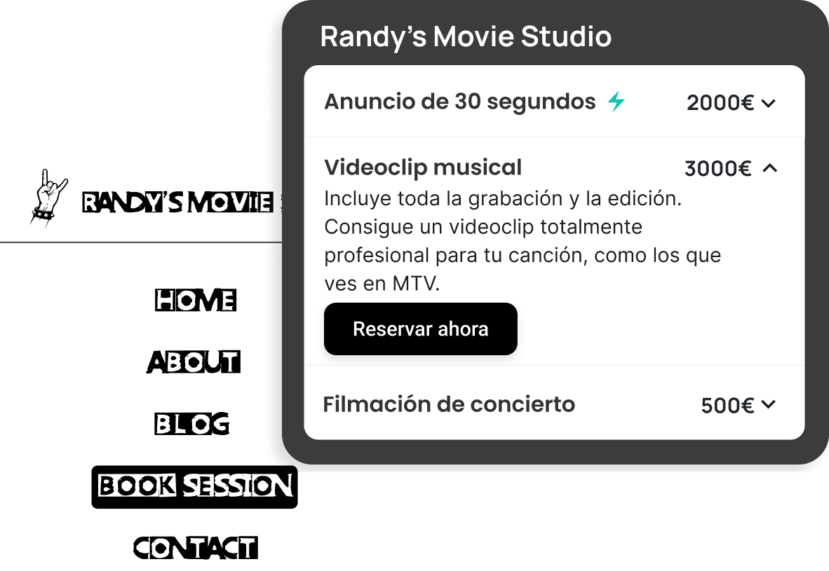 Ejemplo de página de reservas de Videógrafos